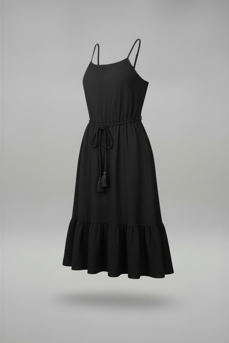 Black dress with thin straps on a gray background