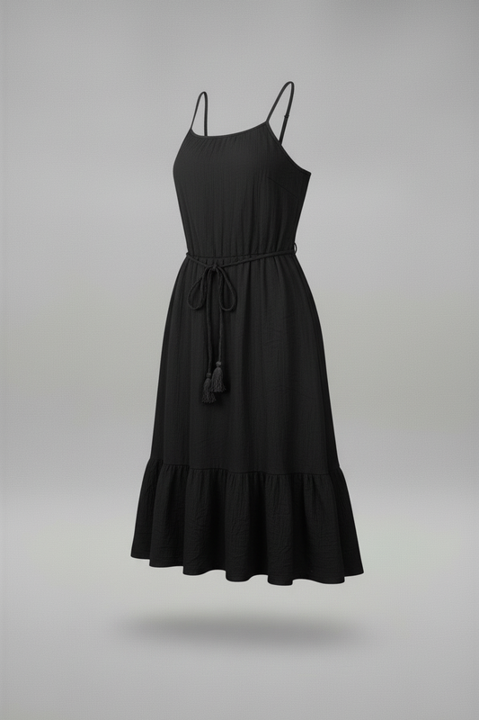 Black dress with thin straps on a gray background
