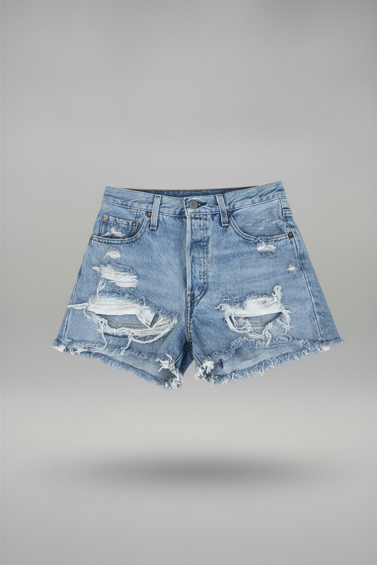 Denim shorts with whale designs on a gray background